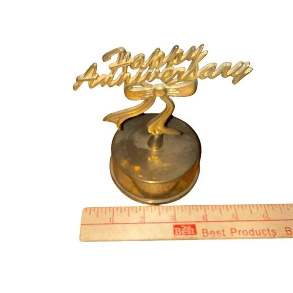 Brass Flambro Happy Anniversary Wind-Up Musical Music Box Figurine Gold Tone MCM